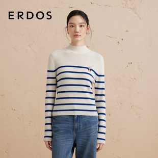 女秋条纹修身 半高领抽条针织衫 ERDOS 内搭套衫 纯羊绒