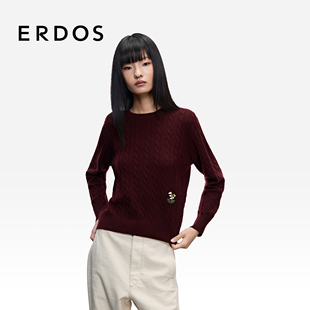 饰复古套衫 ERDOS 圆领手绣铃兰花朵装 25年秋冬新品 绞花女士羊绒衫