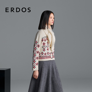 陈都灵同款 ERDOS 圆领针织开衫 25年冬新品 费尔岛提花女羊绒衫