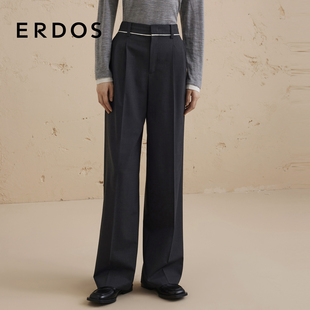 长裤 女秋休闲百搭宽松垂感薄款 精纺羊毛混纺直筒裤 ERDOS