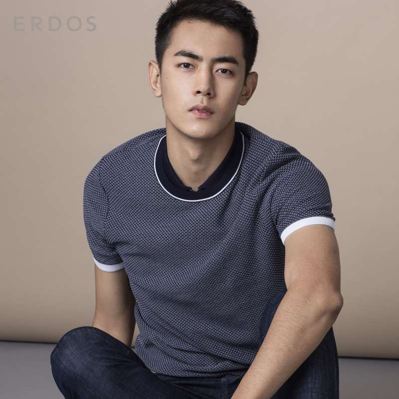 ERDOS 18春夏新品圆领翻花肌理感纯棉撞色罗纹男T恤 E185D0017