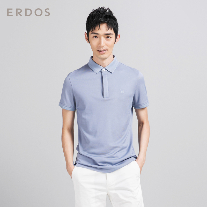 ERDOS 18春夏新品翻领真丝罗纹LOGO绣花短袖男T恤POLO衫E185H3002