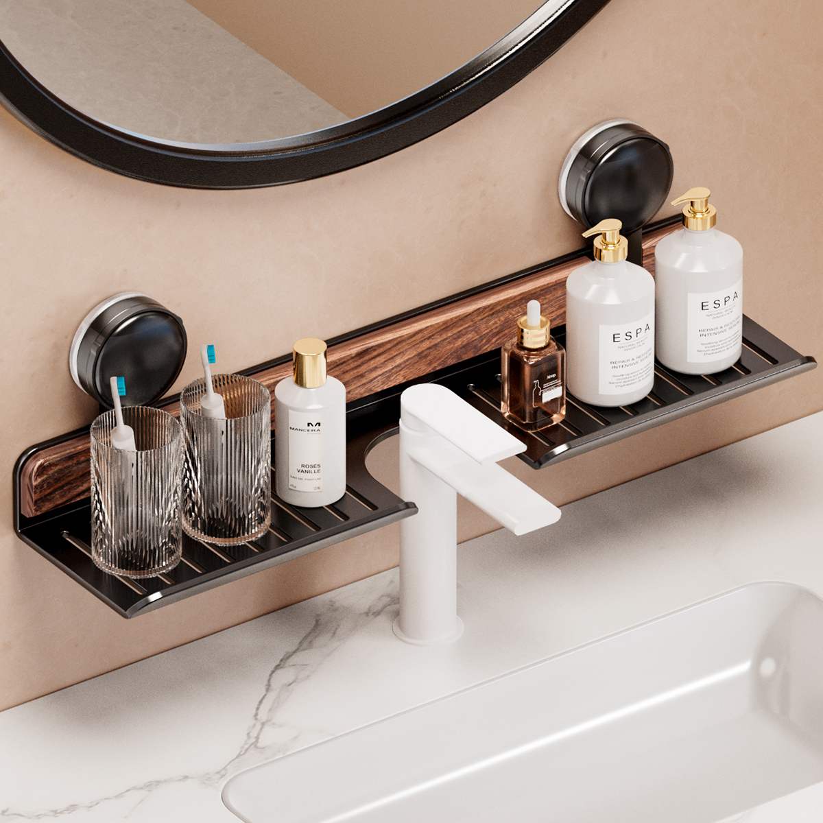 胡桃木吸盘洗手台置物架浴室卫生间洗漱台镜前水龙头收纳架免打孔