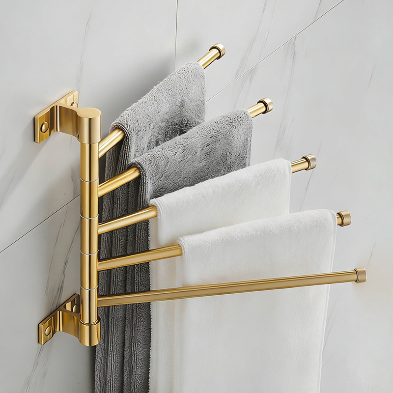 太空铝浴室毛巾架旋转卫生间金色毛巾杆挂架浴巾架壁挂双杆免打孔