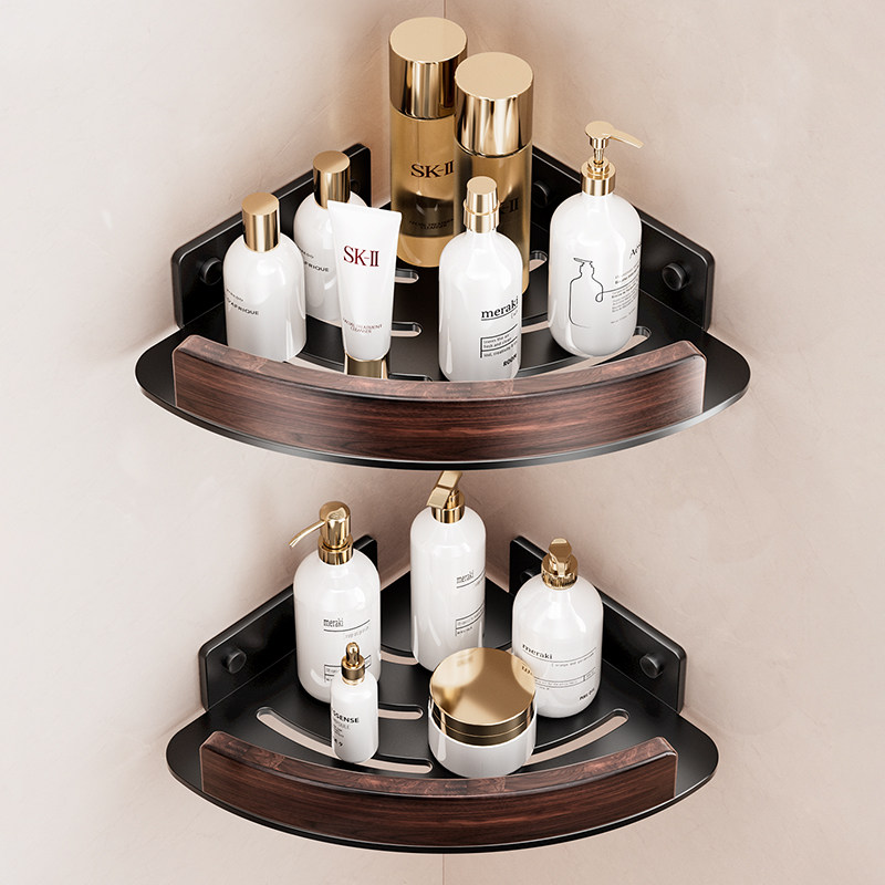 胡桃木浴室三角置物架卫生间淋浴房洗漱台厕所转角收纳挂架免打孔