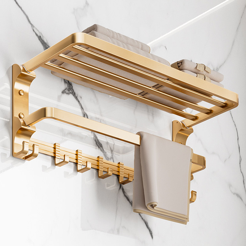 太空铝奢华金色毛巾架浴室置物架卫生间浴巾架可折叠壁挂式免打孔