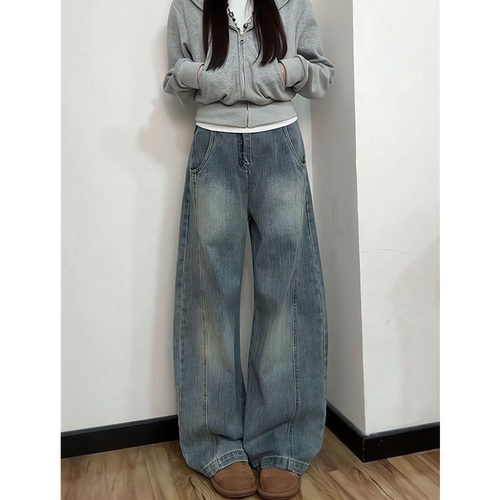 设计感压线水洗做旧直筒牛仔裤女