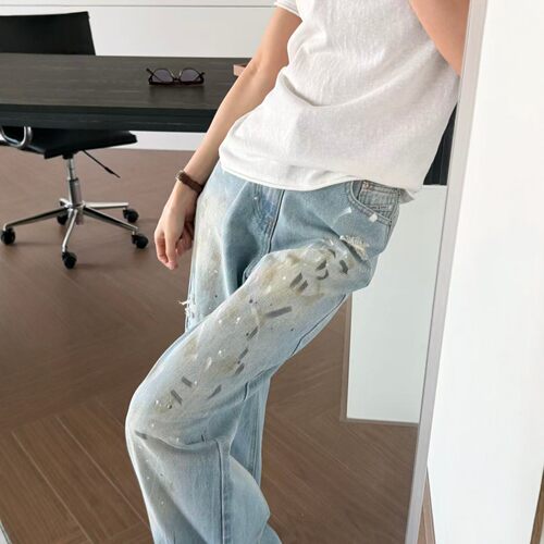 美式复古泼墨破洞牛仔裤女秋新款