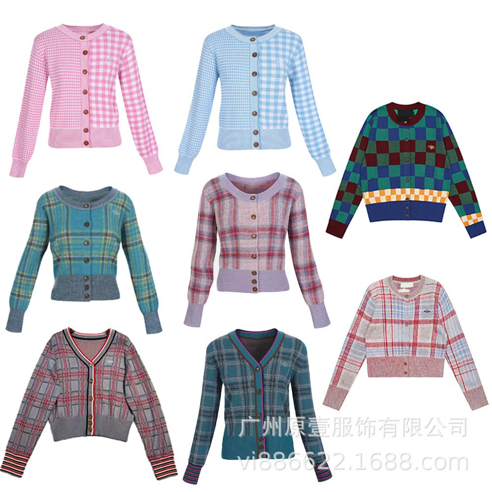 2025西太后土星针织衫上衣刺绣格纹撞色复古格子毛衣开衫Lisa同款