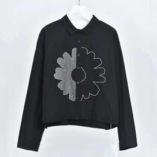 设计感气质撞色贴布雏菊刺绣长袖衬衫女复古文艺风衬衣还有山5311