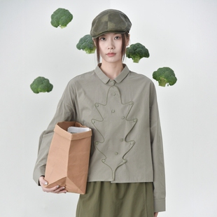 设计感气质小树门襟创意装饰扣长袖衬衫女小众宽松衬衣还有山5512