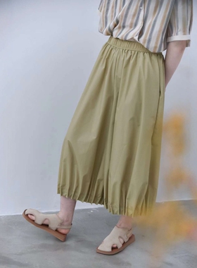 设计感气质松紧腰收褶束脚阔腿休闲裤女三与二出八分灯笼裤32118