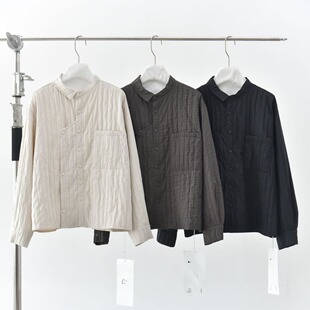 复古文艺肌理暗条AB领拼接长袖衬衫设计感气质排扣衬衣还有山5350