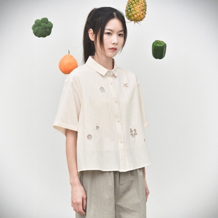 设计感气质刺绣镂空双层短袖衬衫复古文艺宽松小众衬衣还有山6623