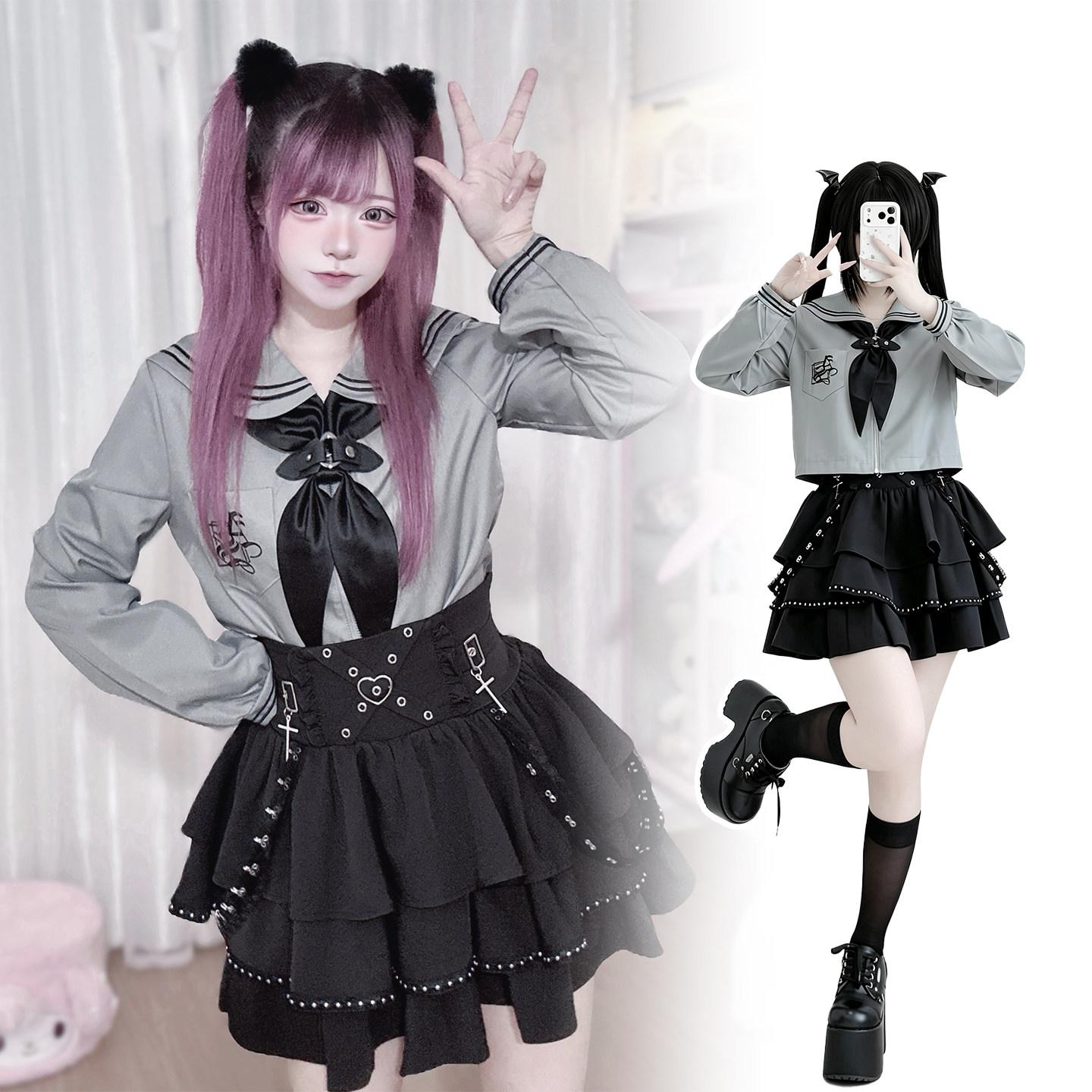 铭酒学园蕾丝边朋克风水手服套装