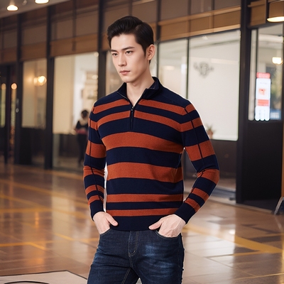纯羊毛羊毛衫男士秋季时尚半高领舒适拉链套头针织毛衣奥古利奥