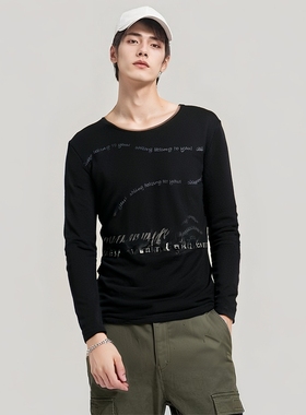 天丝修身休闲黑色男字母圆领舒适长袖T恤罗马世家&CITING正品