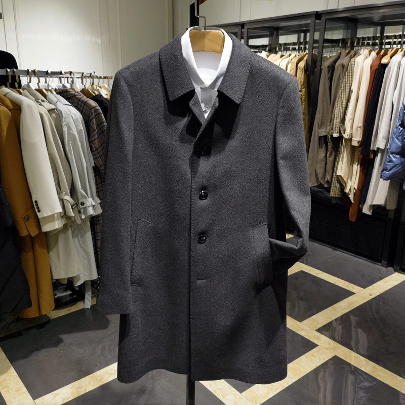 高端中长款桑蚕丝绵羊毛呢大衣男秋冬新款商务时尚翻领外套 依文