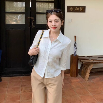 大眼LARGE EYE 通勤高智感 中袖小个子白衬衫亚麻微透收腰衬衫女