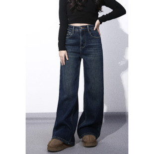 女复古显瘦拖地长裤 LARGE 高腰宽松阔腿加绒牛仔裤 天生腿精 EYE