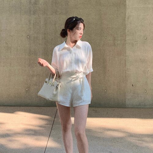 大眼LARGE EYE 慵懒假日 层次感珍珠白衬衫套装两件套新款衬衫