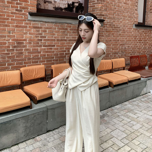 Large eye 杏仁茶歇 短袖褶皱收腰上衣 松弛感气质通勤长短款套装