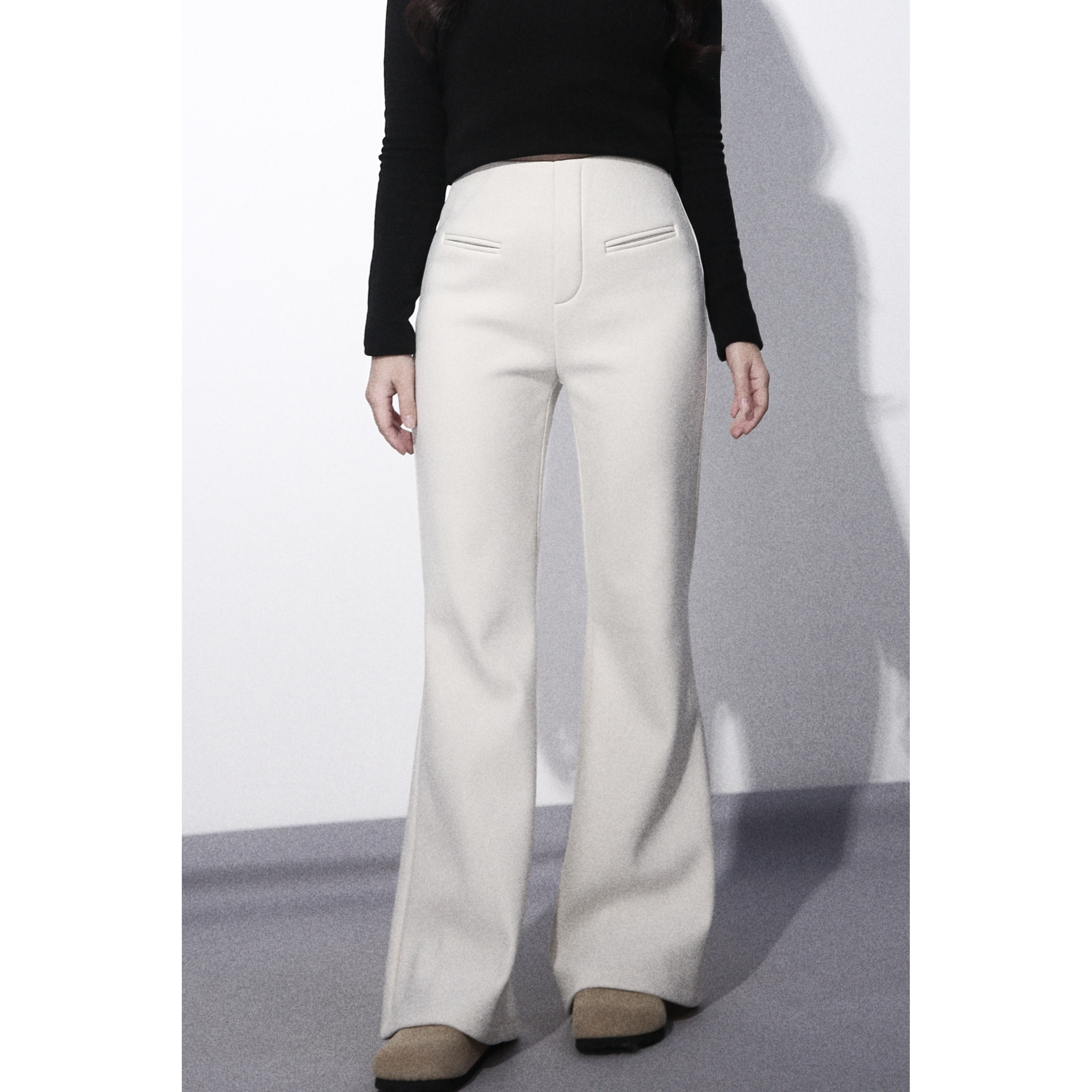 LARGE EYE 自留标杆 小个子加绒喇叭裤白色微喇裤冬韩系加厚慵懒