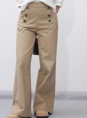 大眼LARGE EYE 小个子复古美拉德式显高休闲裤卡其色双排扣阔腿裤