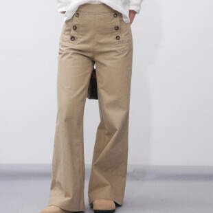 卡其色双排扣阔腿裤 大眼LARGE 显高休闲裤 小个子复古美拉德式 EYE