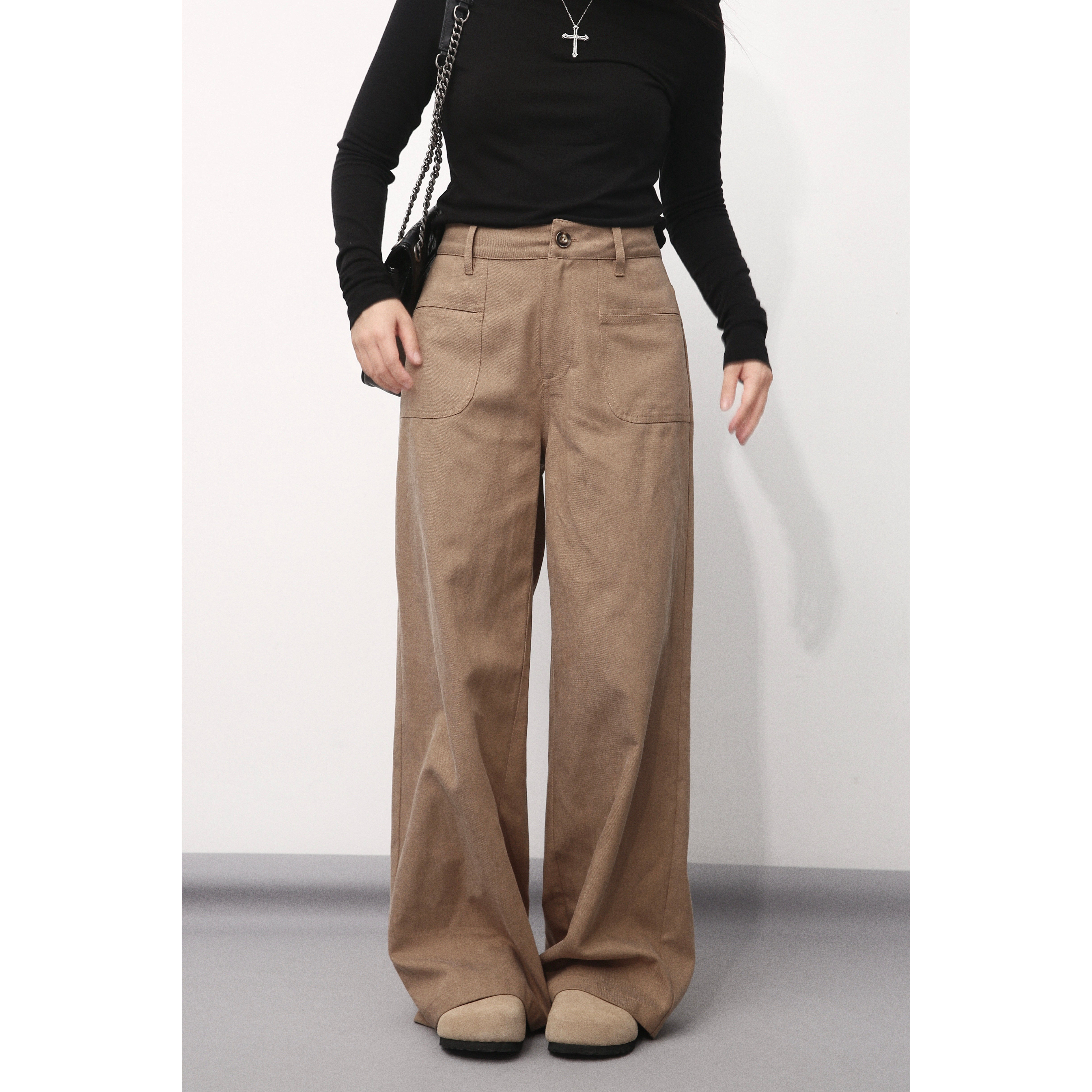 大眼LARGE EYE 小个子复古立挺阔腿裤女高腰显瘦休闲直筒裤秋季新