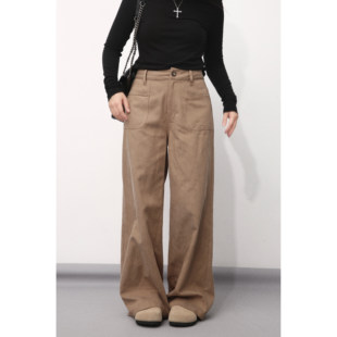 秋季 大眼LARGE 女高腰显瘦休闲直筒裤 小个子复古立挺阔腿裤 新 EYE