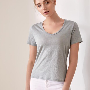 春夏新款女装桑蚕丝加亚麻纯色简约V领短袖套头短裤T恤半袖上衣