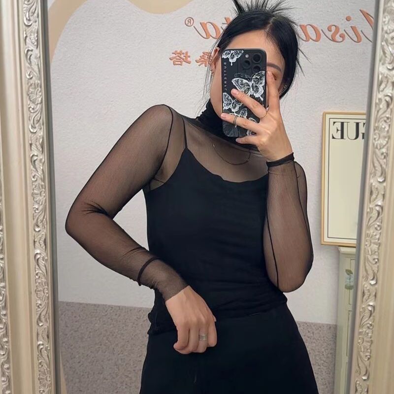网纱打底衫高领长袖女透视打底衫
