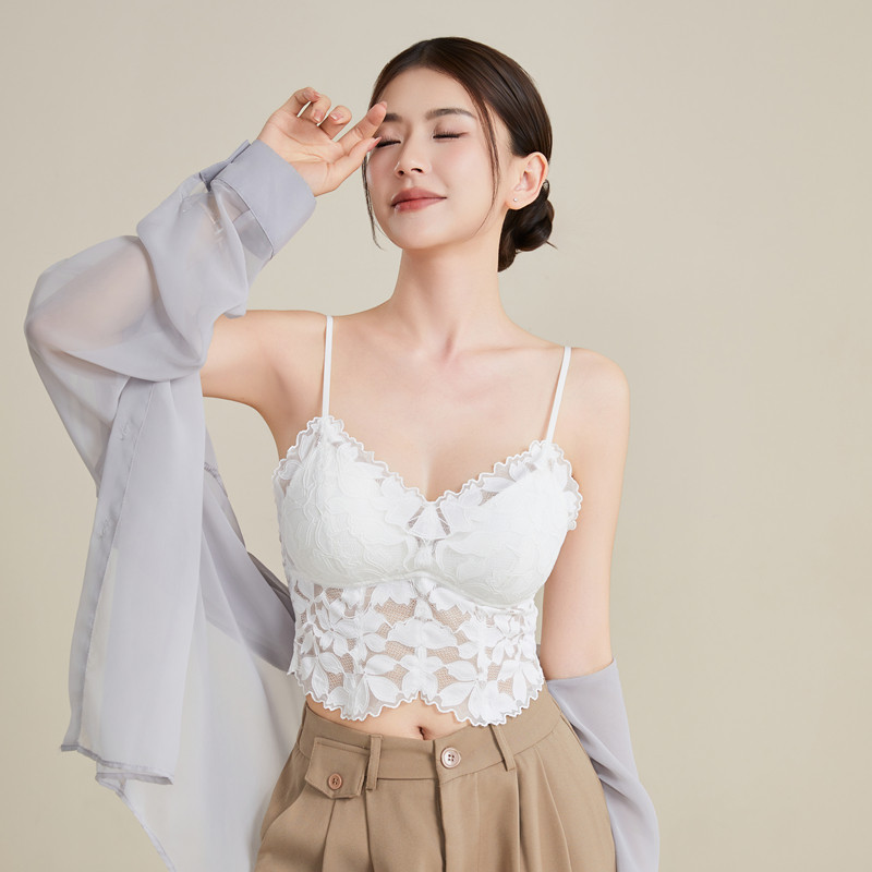 法式美背真丝吊带文胸一体式桑蚕丝性感无钢圈带胸垫内衣