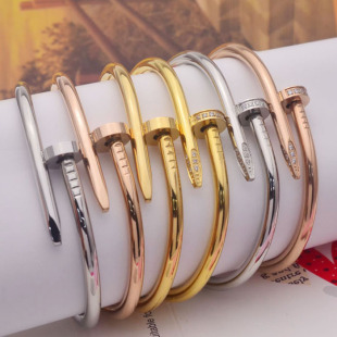 明星同款 情侣钉子手镯男女士钛钢18K镶钻玫瑰彩金开口不掉色手环