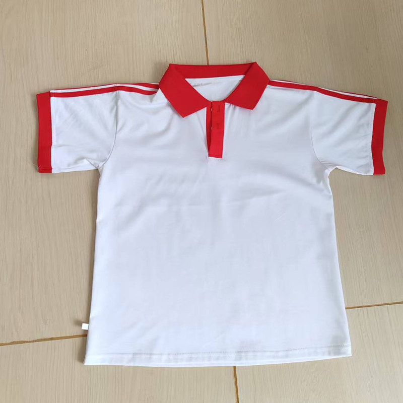 夏季款白色校服短袖POLO衫大红领肩上三道大红条男女通用T恤班服
