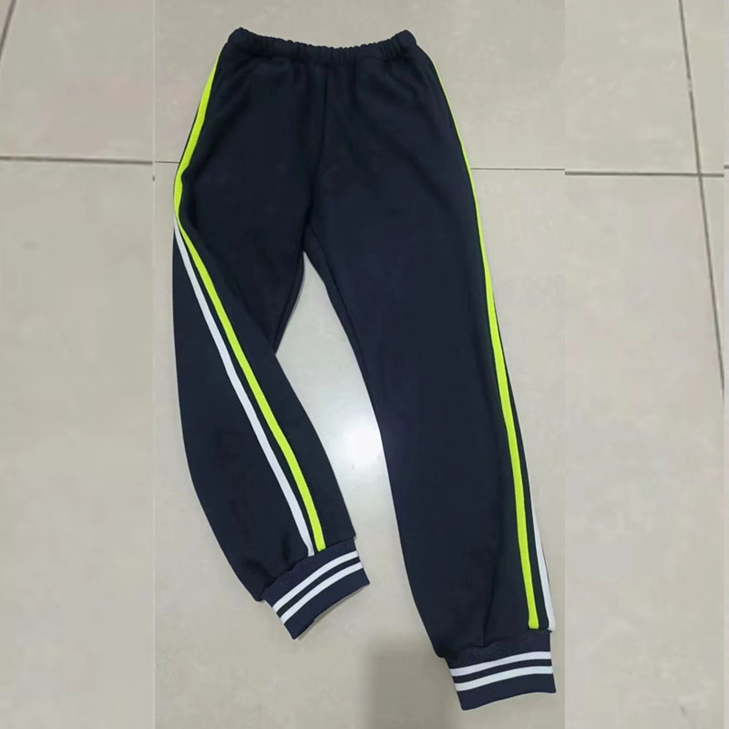 校服裤子深蓝色荧光黄白条四季