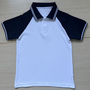 校服定做 口一白杠藏蓝领口俩白杠男女款 学生班服白短袖 藏蓝插肩袖
