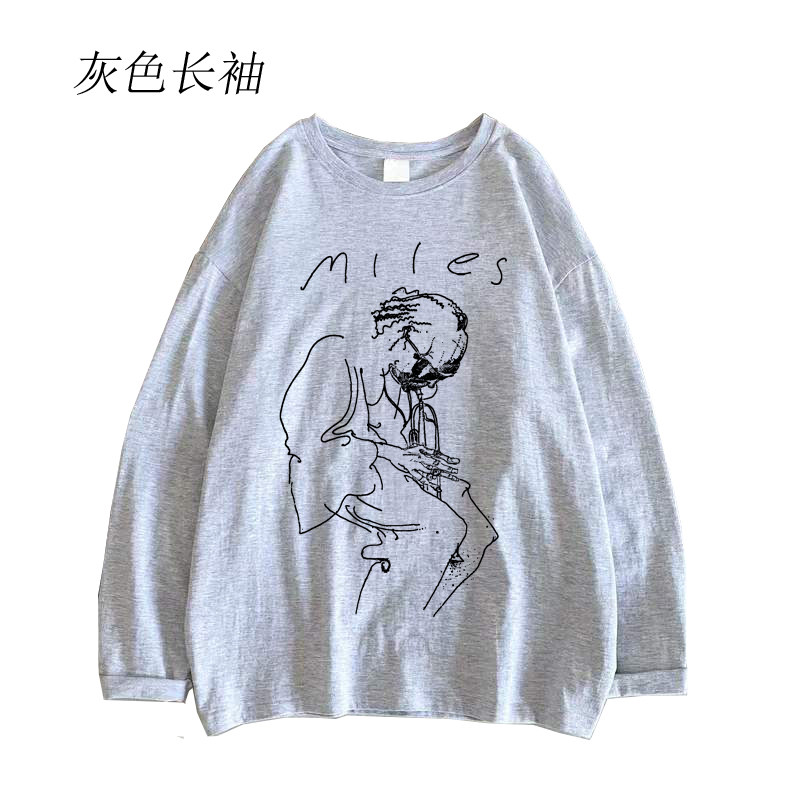 miles davis爵士音乐jazz摇滚趣味手绘印花文艺风男女灰色长袖T恤