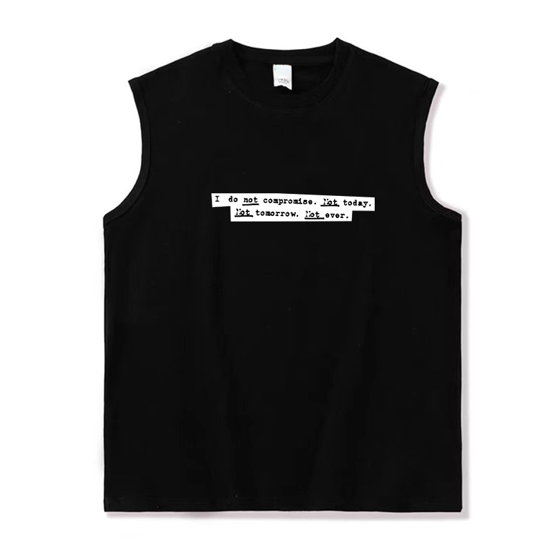 我不会屈服英文字印废土朋克暗黑铁锈色胶印纯棉无袖背心坎肩T恤