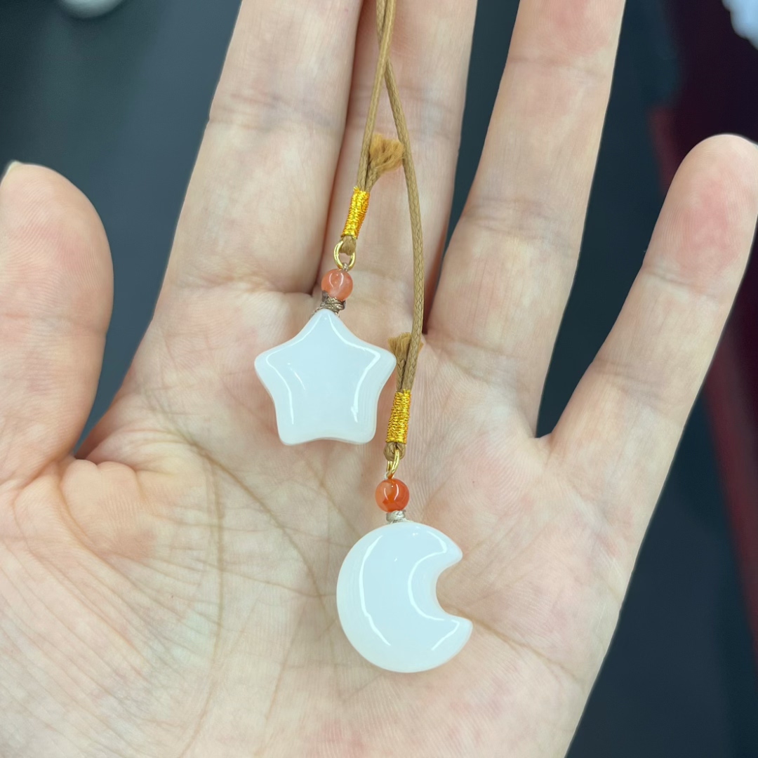 正品天然和田玉白玉星星月亮吊坠星月相伴平安挂件玉坠女款送证书