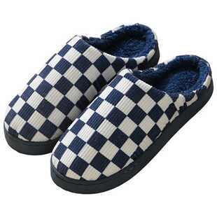 女男毛绒格子拖鞋记忆户外室内温暖卧室鞋人造毛皮衬里蓬松舒适鞋