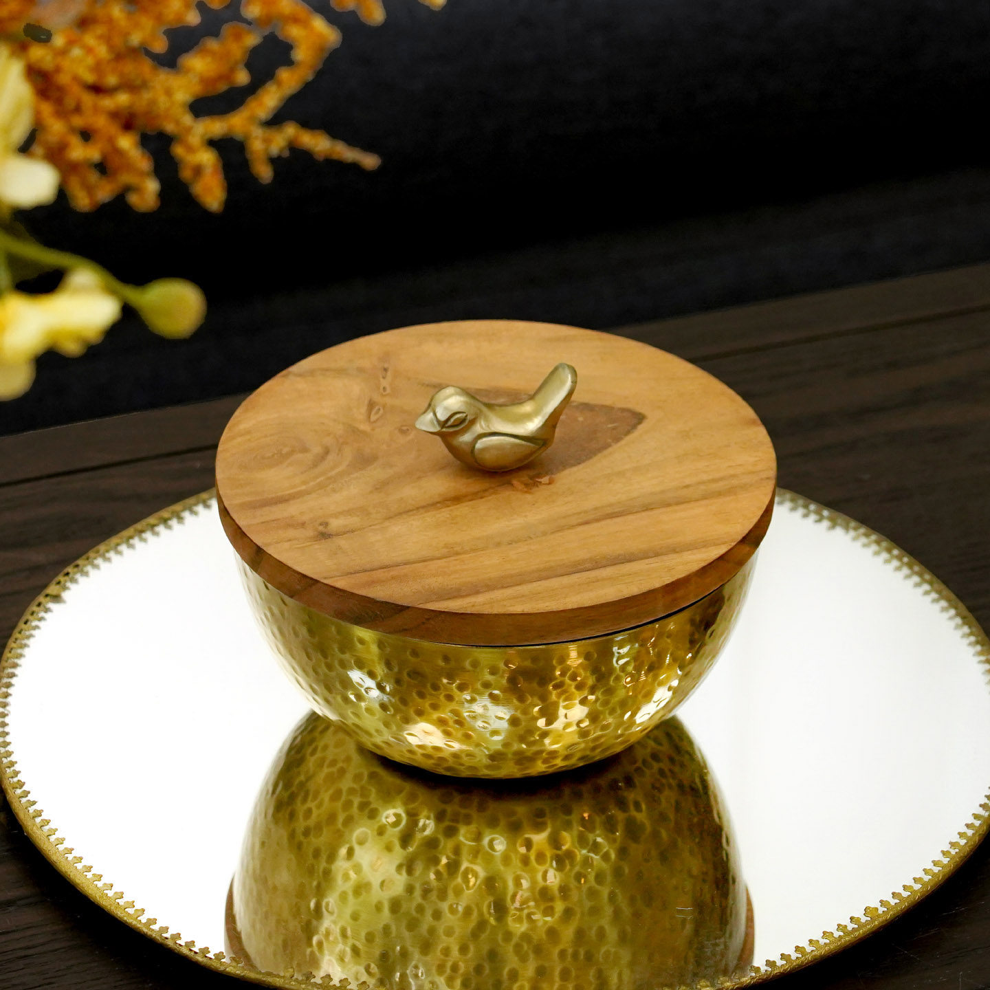 印度进口手工芒果木黄铜装饰果盘首饰盘奢华艺术家居装饰收纳盘