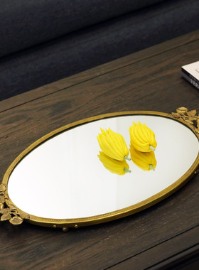 印度进口铜制玫瑰花装饰边框镜面椭圆茶盘托盘收纳盘化妆品装饰盘