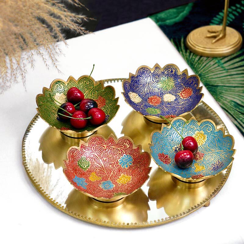 进口手工彩绘复古黄铜小果碗干果零食钥匙收纳 铜制民族风小果盘