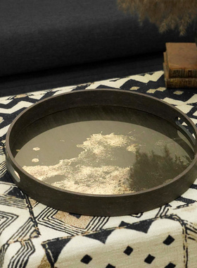 新中式现代玻璃墨染年轮艺术圆形装饰收纳托盘家用茶盘酒具托盘