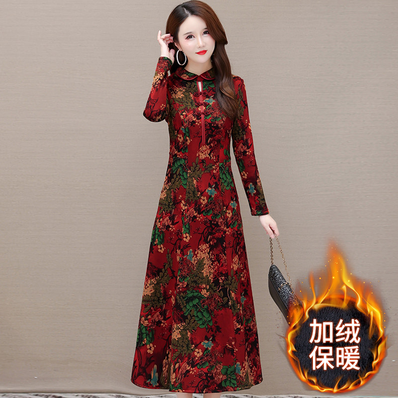 高端洋气加绒加厚碎花红色旗袍打底连衣裙女深秋冬高贵中年妈妈装