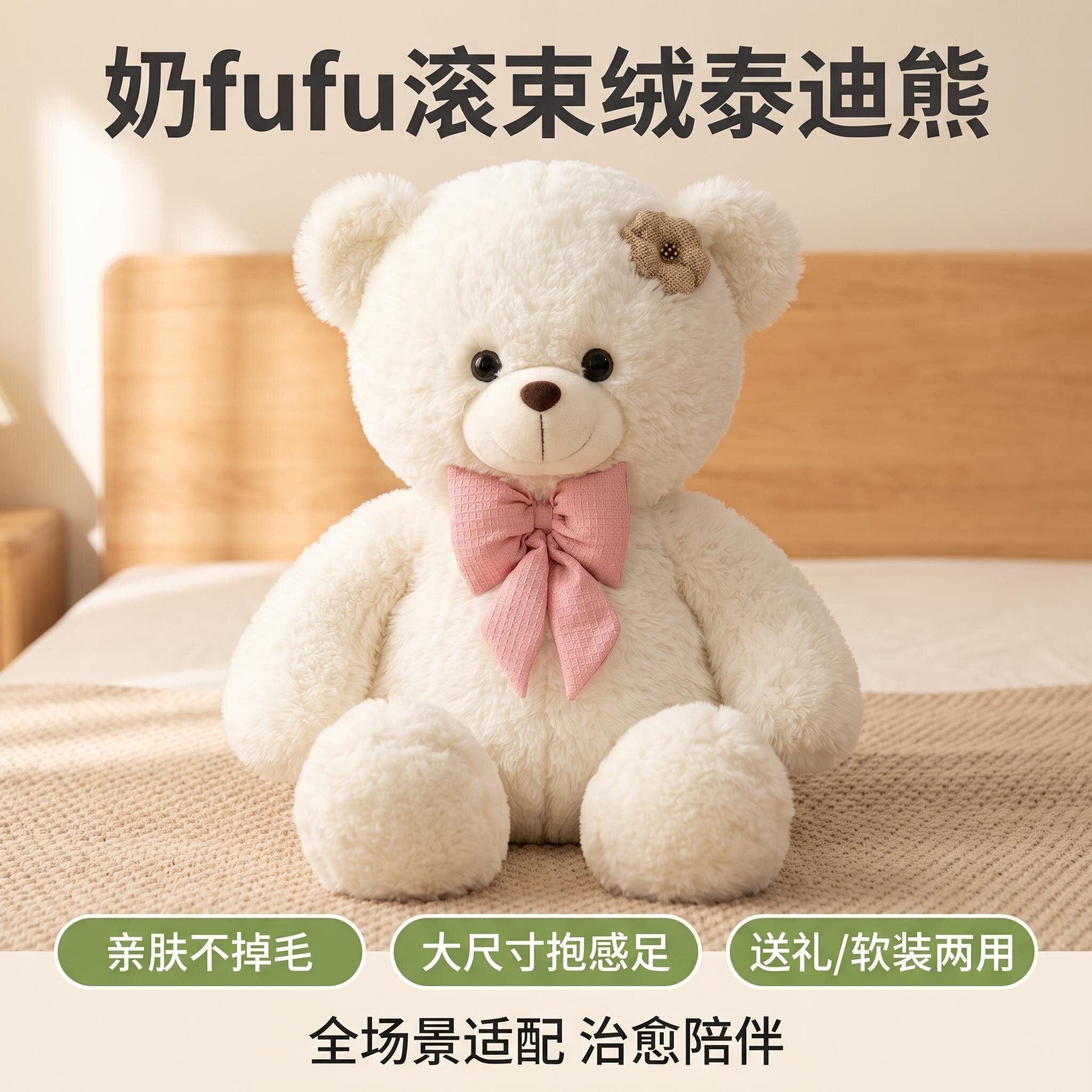 高档奶白滚束绒大领结泰迪熊 高弹PP棉填充ins风治愈抱枕毛绒公仔