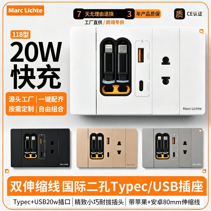 118型国际二孔插座带usb快充面板