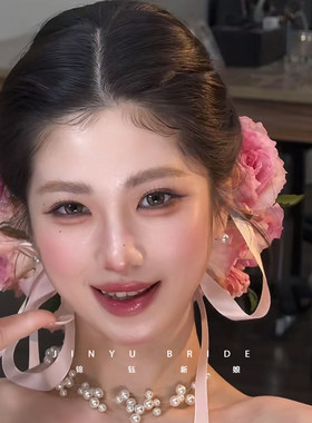 新娘粉色玫瑰花仙气蝴蝶结边夹